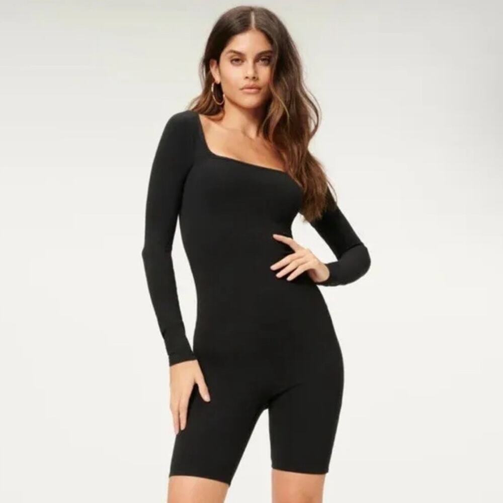 NWT Good American Womens Essential Biker Jumpsuit Size XS 0 Black Long Sleeve